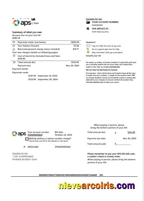 USA Arizona APS electricity proof of address business utility bill